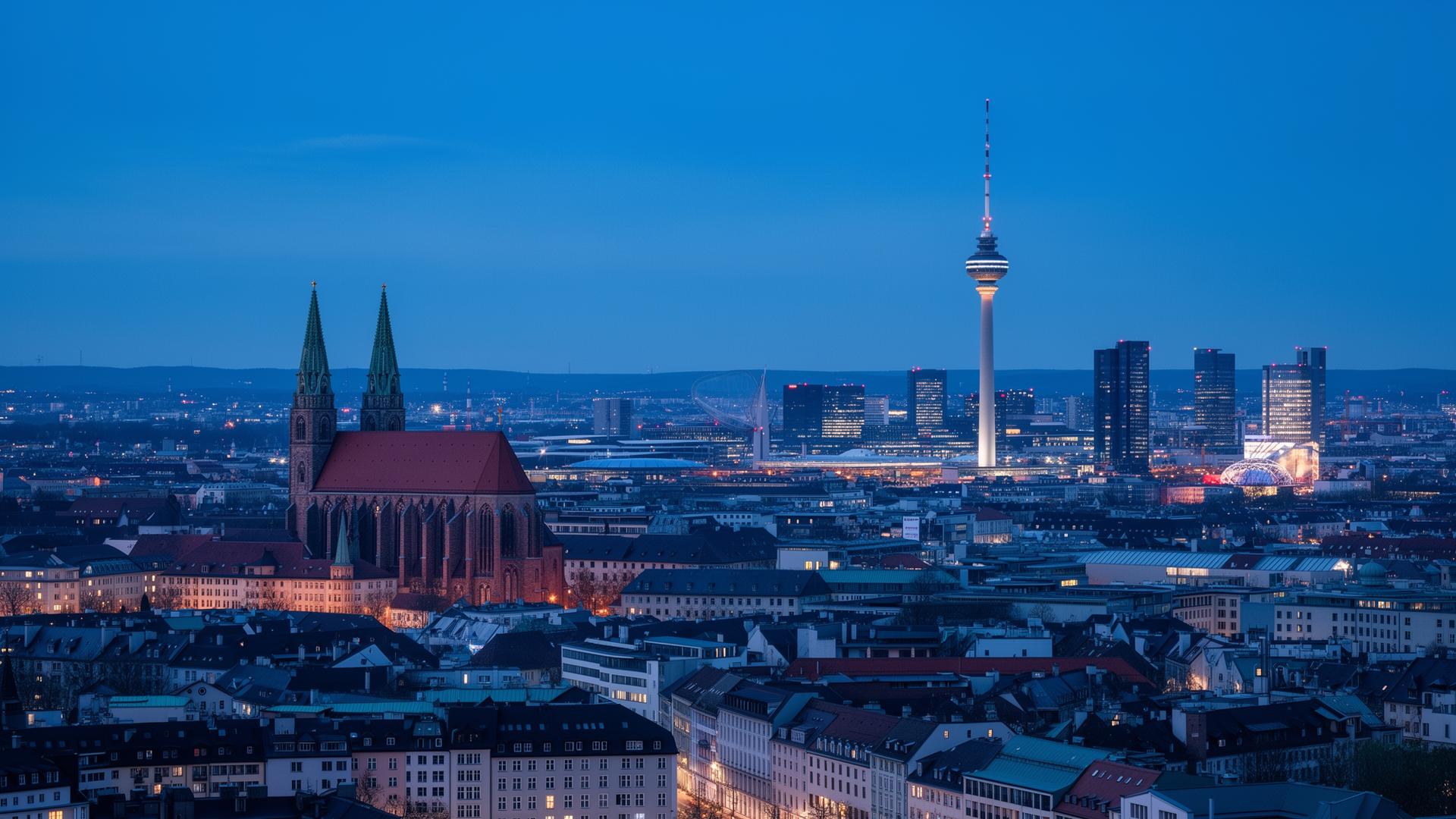 Skyline von München mit Frauenkirche und Olympiaturm bei Abenddämmerung